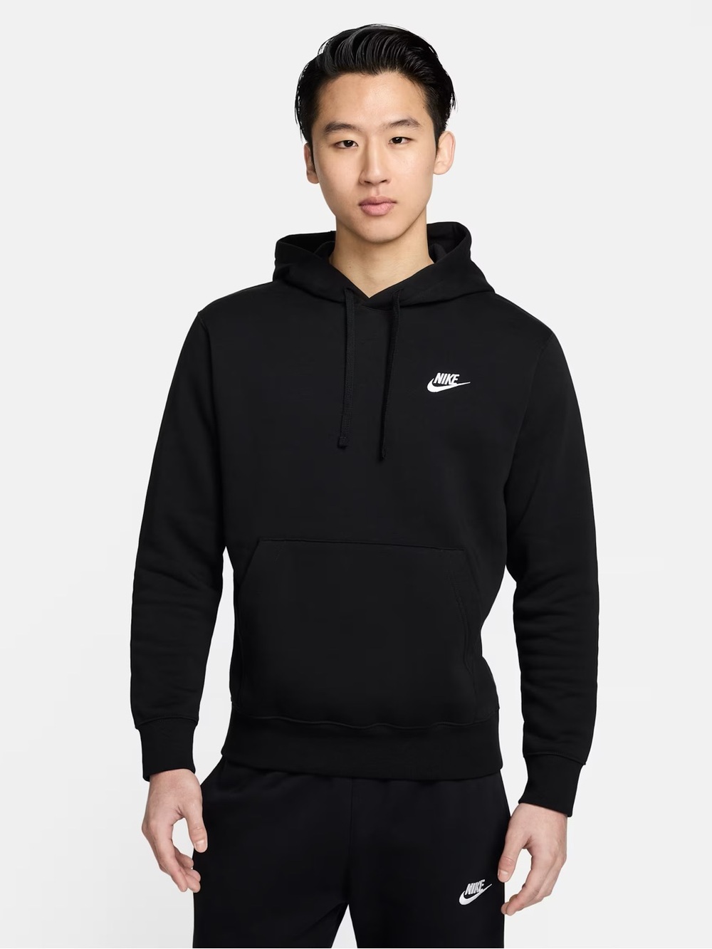 Nike Sportswear Fleece Black Classic Pullover Hoodie with White Logo
